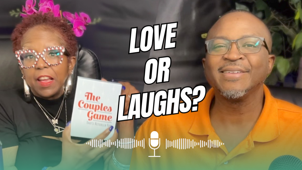 Smiling African-American couple, Carlton and Liv, laughing together while playing 'The Couples Game: That's Actually Fun' on the Legacy Journeys Podcast, Episode 26. Fun couples game night with revealing questions for deeper relationship connection, perfect for couples over 40.